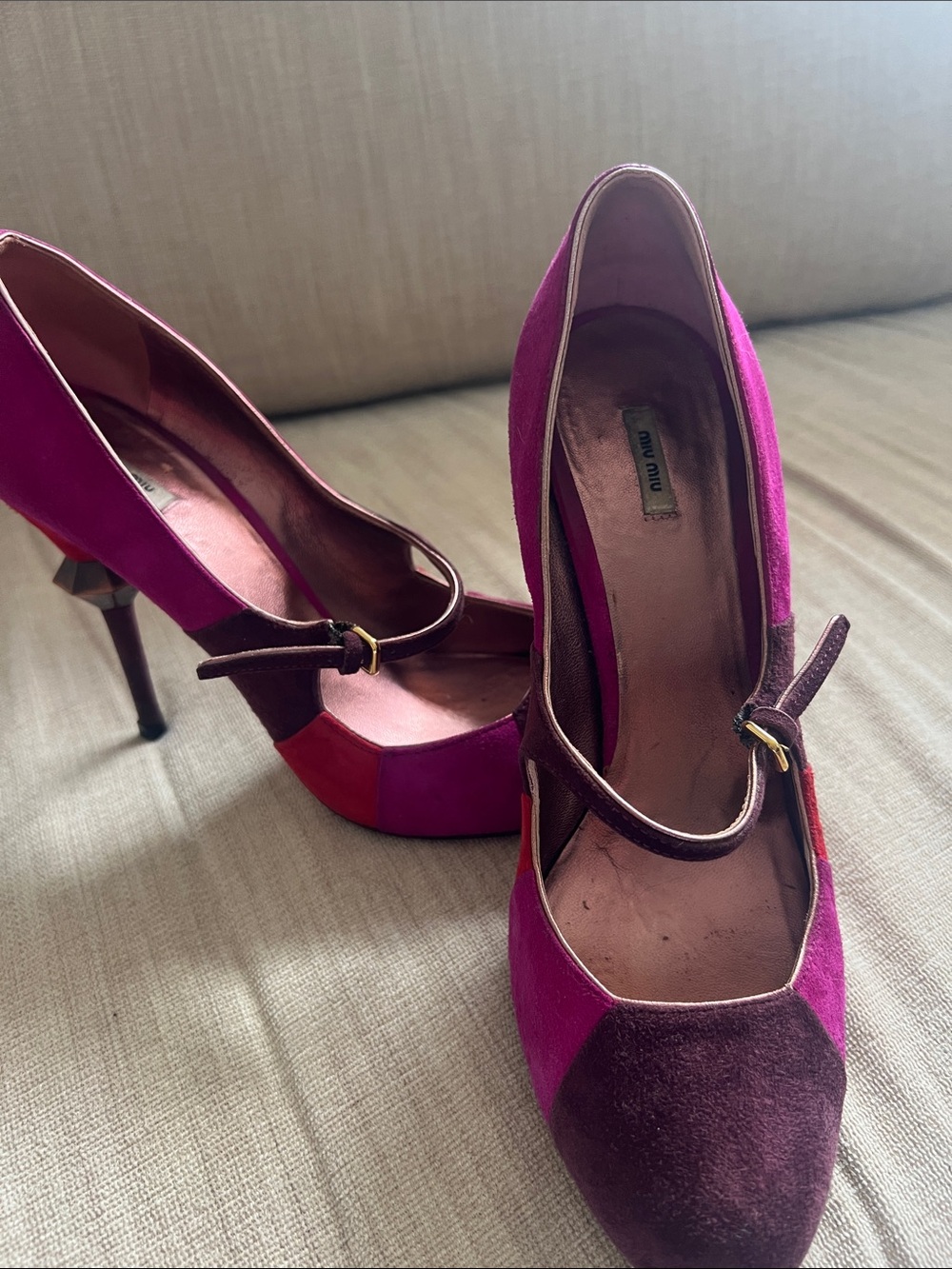 Miu Miu color block suede Mary Jane pumps -mid strap and distinctive heel